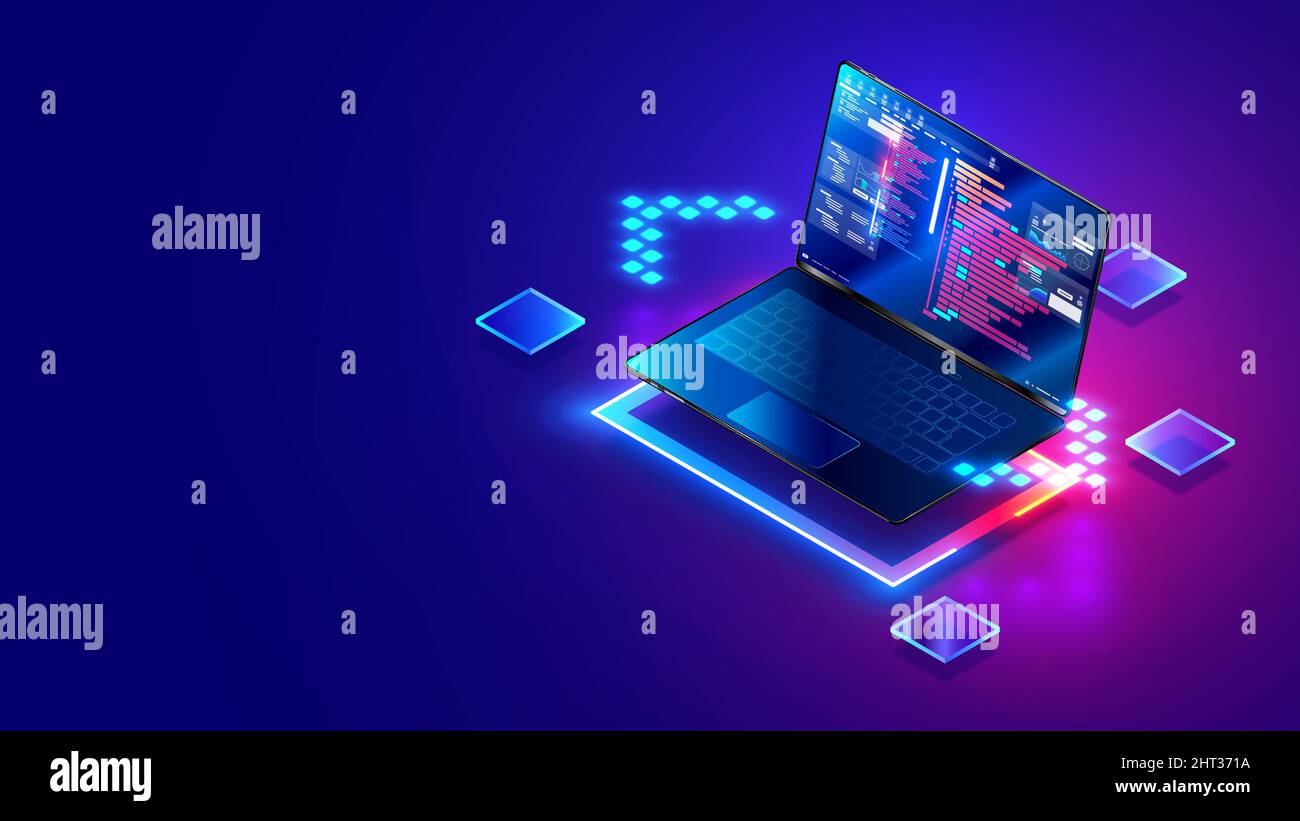 Sviluppo software. Programmazione, codifica e test software su laptop. Computer portatile appeso al tavolo con il codice programma sullo schermo. Computer digitale Illustrazione Vettoriale