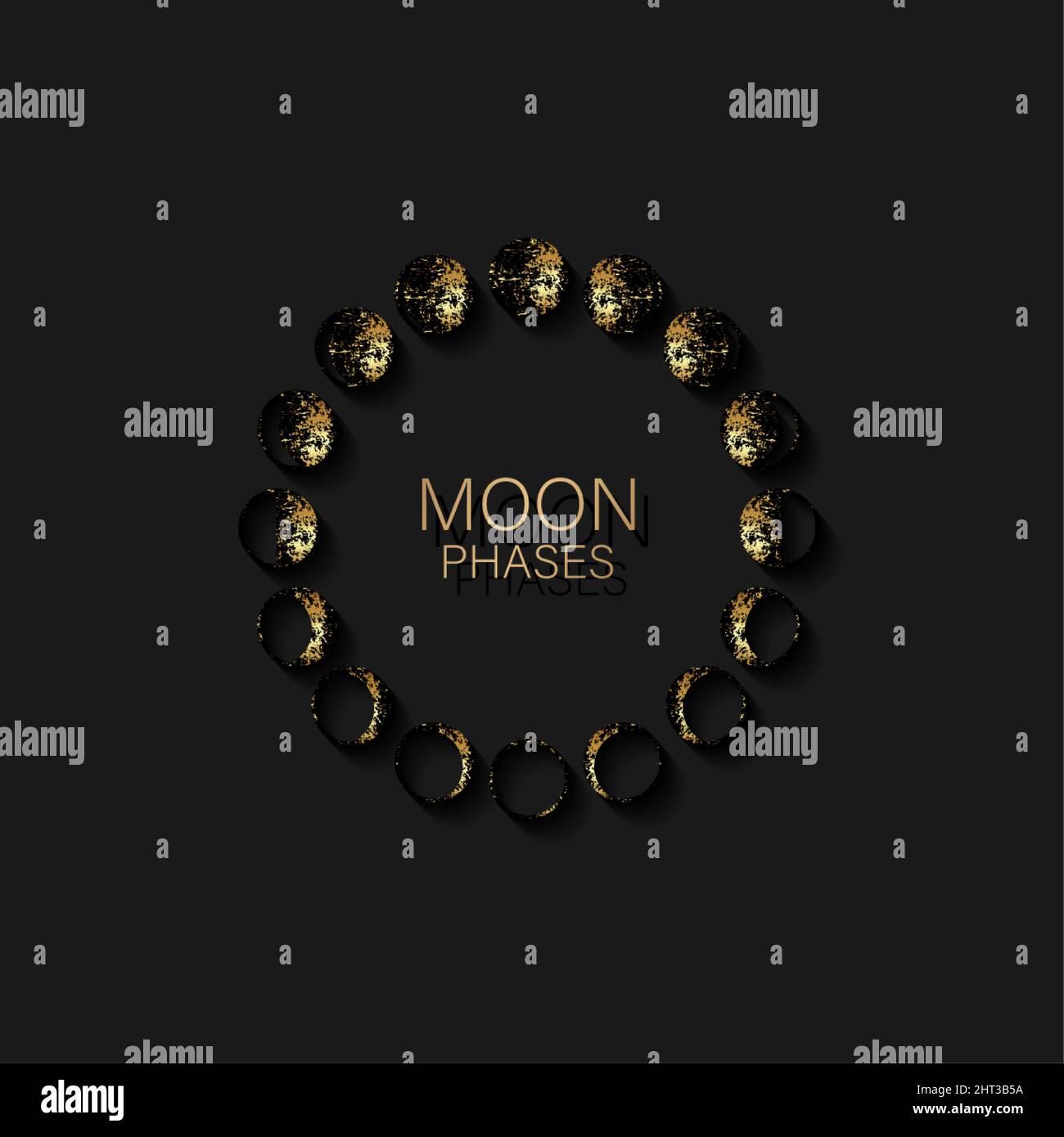 Luna fasi astronomia icona in lamina d'oro cornice rotonda ciclo lunare, luna piena, depilazione, ceretta, primo trimestre, gibbous, mezzaluna, terzo trimestre Illustrazione Vettoriale