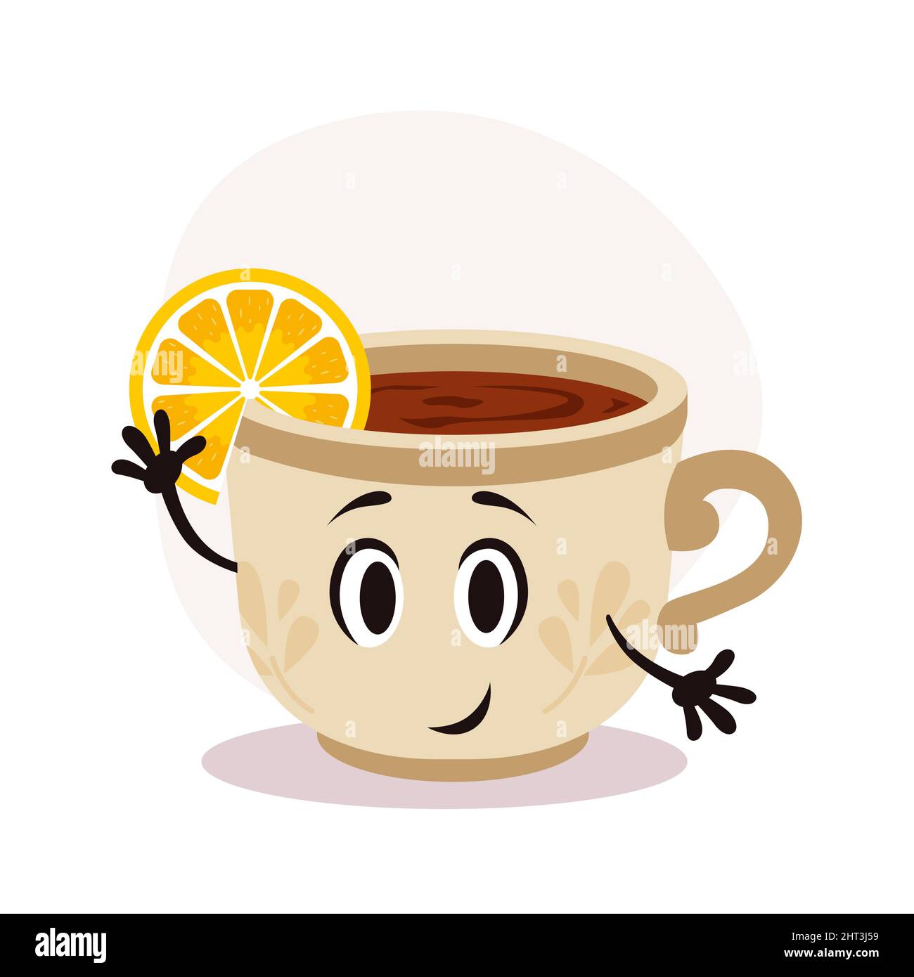 Tazza da tè bianca vettoriale con bevanda calda. Tè con pezzo di limone. Felice personaggio cartoon con stampa in superficie Illustrazione Vettoriale