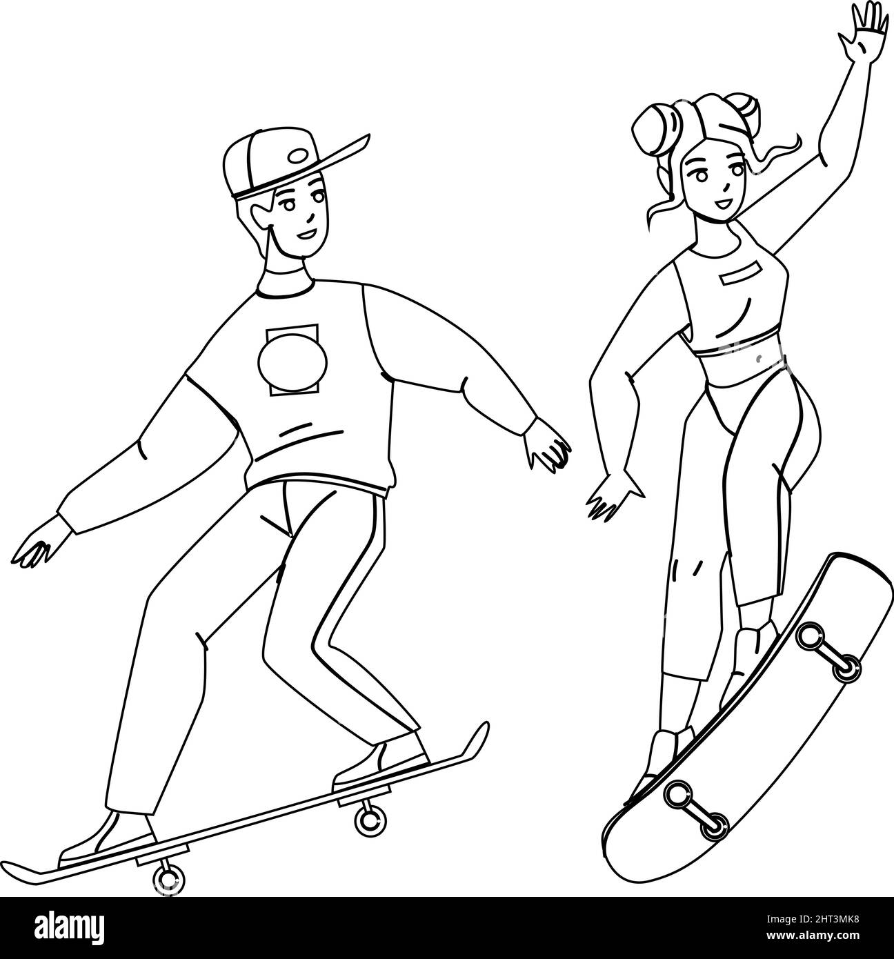 Skateboard Riding Boy e Girl Together Vector Illustrazione Vettoriale