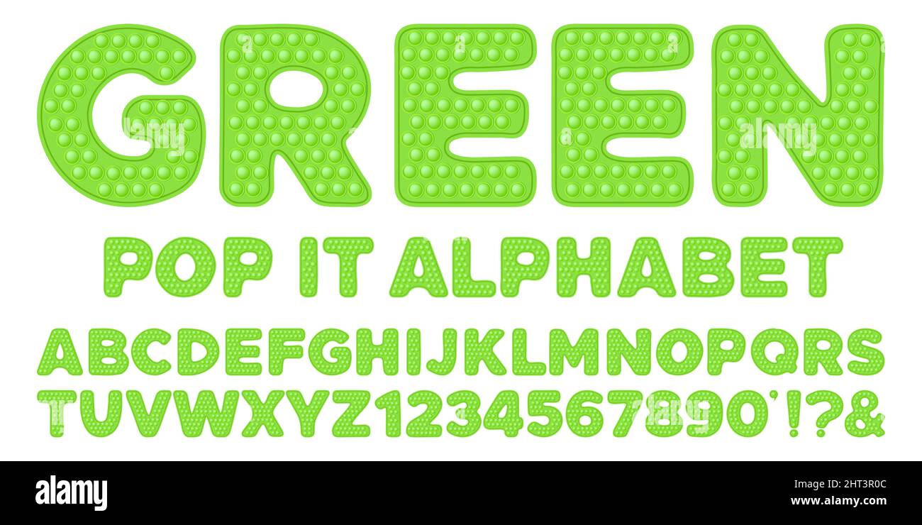 L'alfabeto e i numeri del popit verde sono impostati nello stile del giocattolo del fidget. Pop it carattere design come un giocattolo in silicone alla moda per fedget in colori brillanti. Palette sensoriali a bolle d'aria Illustrazione Vettoriale