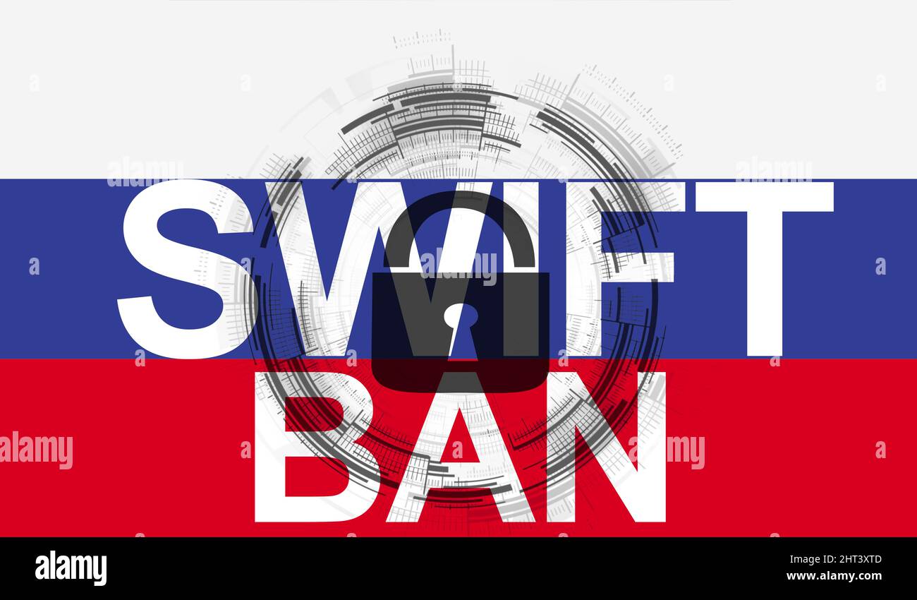 Vietare, espellere, tagliare, disconnettere la Russia da SWIFT. Bandiera della Russia e testo del divieto SWIFT . Regolamentazione finanziaria concetto di sanzioni Foto Stock