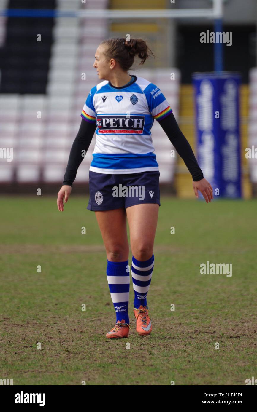 Darlington, Inghilterra, 26 febbraio 2022. Mackenzie Thomas gioca per DMP Durham Sharks contro Harlequins Women in una partita Premier 15s alla Darlington Arena. Credito: Colin Edwards Foto Stock