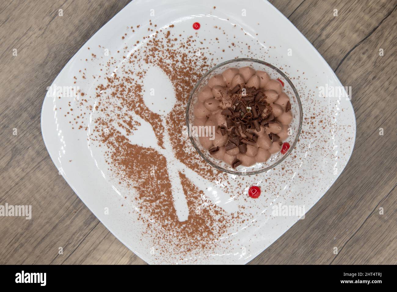 La vista dall'alto del motivo nella spruzzata di cioccolato sul piatto decora la presentazione del dessert tiramisù. Foto Stock