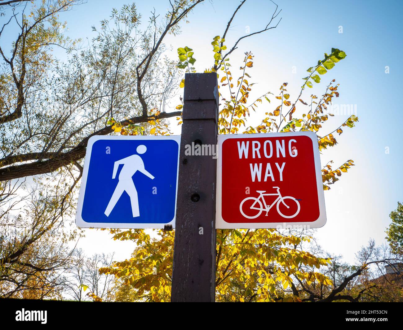 Segnali blu e rossi su palo di legno che indicano che gli escursionisti possono procedere, ma senso errato per i ciclisti. Foto Stock