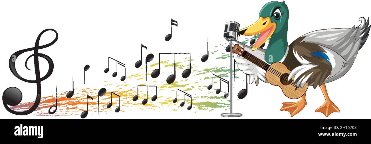 La chitarra anatra suona, ukulele con illustrazione di nota musicale Illustrazione Vettoriale