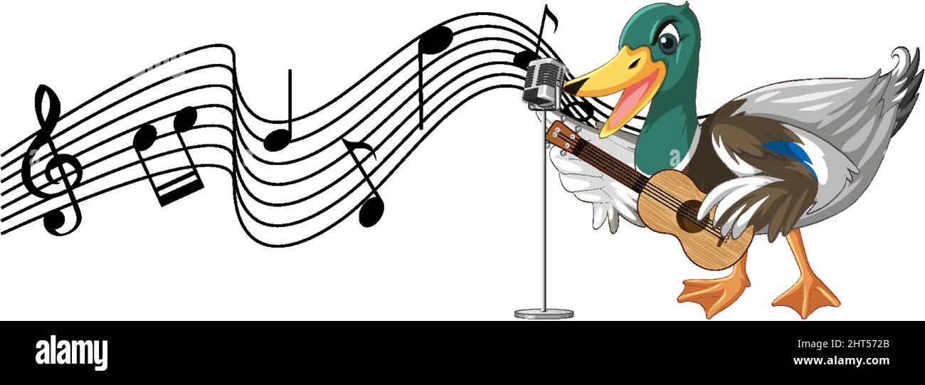 La chitarra anatra suona, ukulele con illustrazione di nota musicale Illustrazione Vettoriale