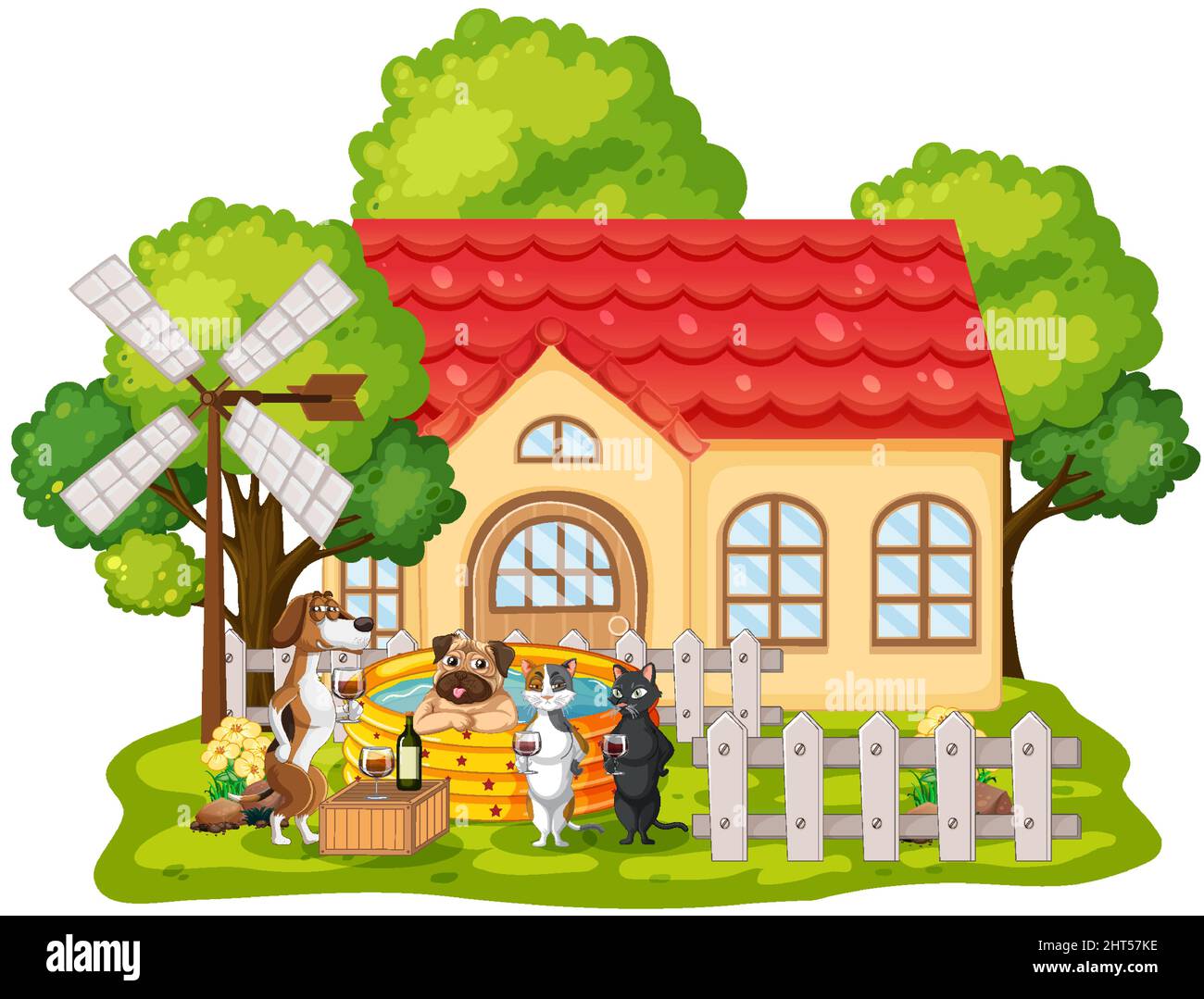Molti cani che giocano al di fuori della doghouse illustrazione Illustrazione Vettoriale