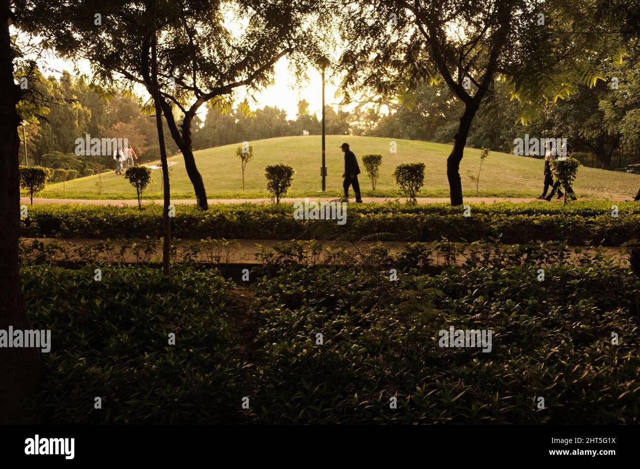 Tramonto al Parco Nehru, situato nell'Enclave diplomatico Chanakyapuri di Nuova Delhi, India Foto Stock