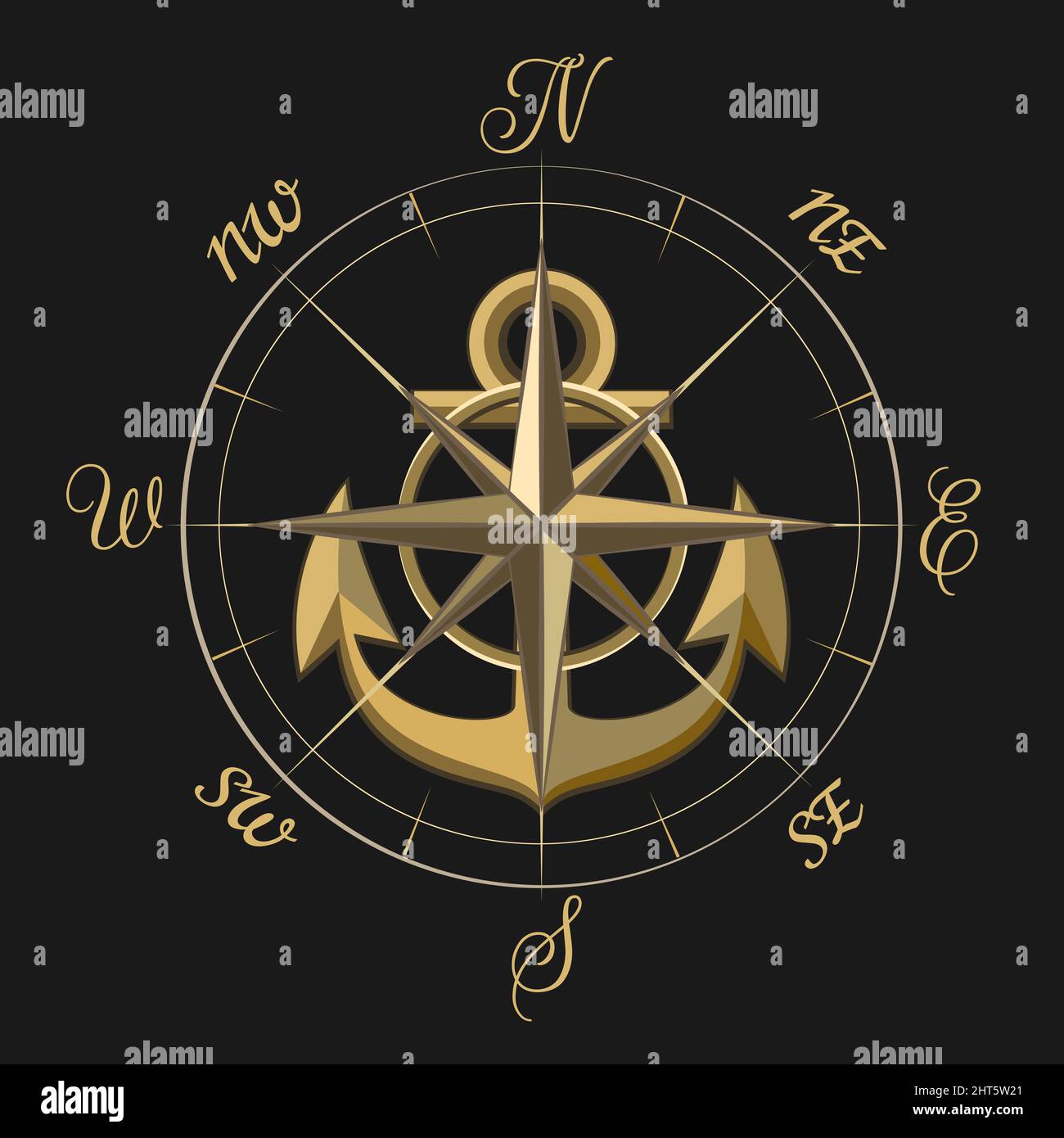 Bussola Vento rosa e nave Anchor navigazione emblema isolato su bianco. Illustrazione vettoriale. Illustrazione Vettoriale