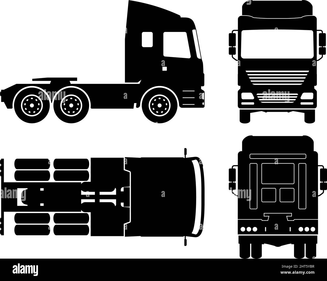 Silhouette del camion su sfondo bianco. Le icone monocromatiche del veicolo consentono di impostare la vista laterale, anteriore, posteriore e superiore Illustrazione Vettoriale