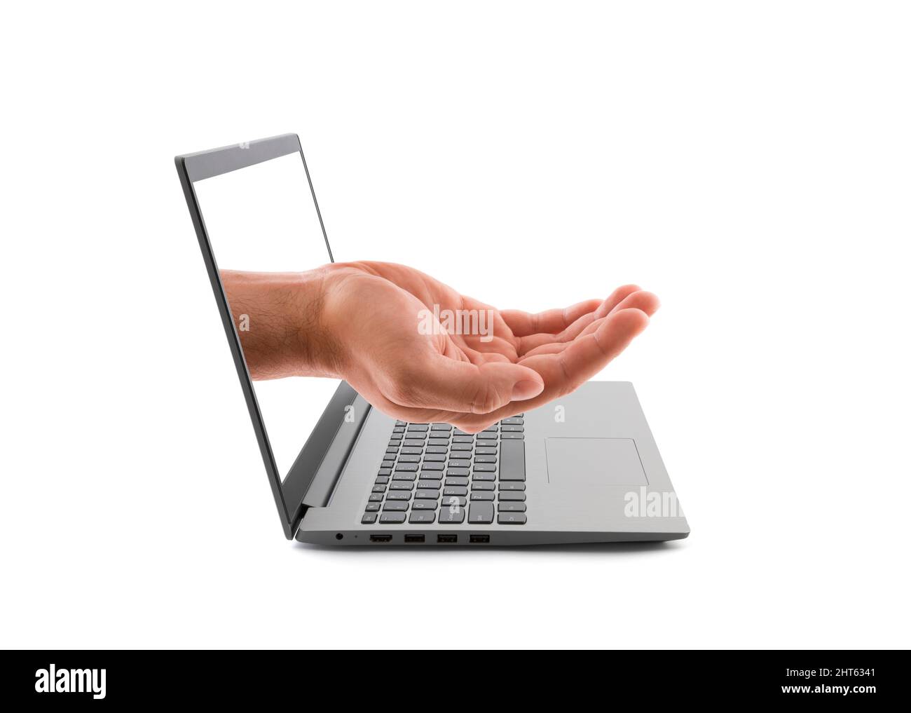 Aprire la mano dallo schermo di un laptop isolato di bianco. Tenere, dare, mostrare il concetto. Foto Stock