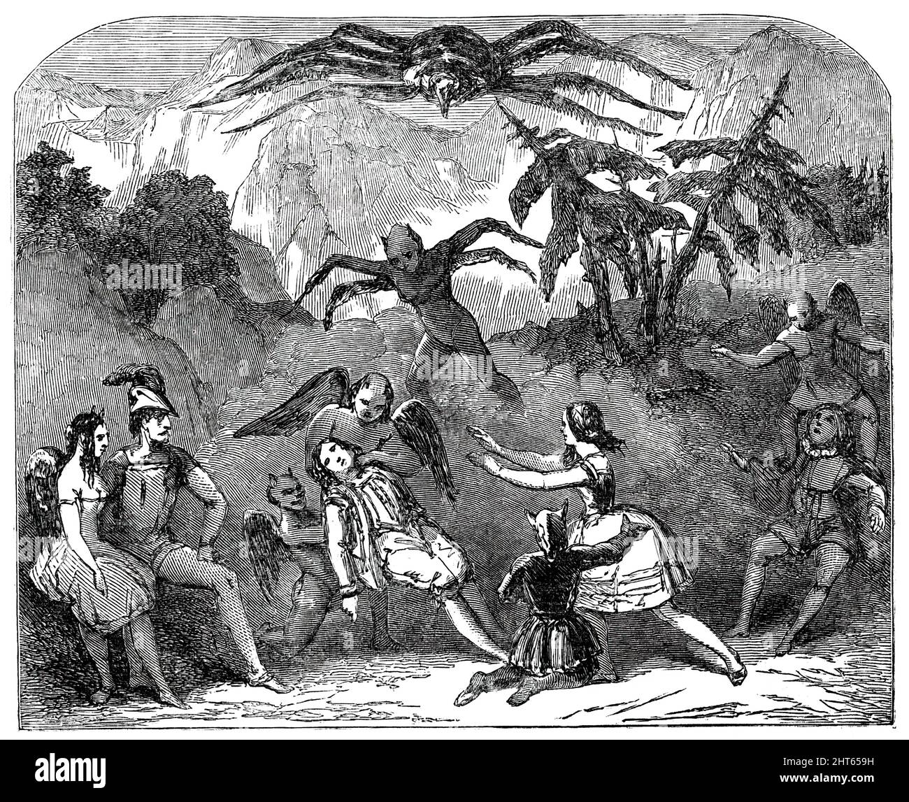 Scena da "la Tarantula; OR, The Spider King", [Adelphi Theatre, Londra], 1850.'...il pezzo si apre con una scena, che rappresenta il regno dei rettili, in cui Spiderion, il Re dei ragni, e altri oggetti terreni, vengono messi in atto, in modo da costituire un incontro mostruoso, che viene terminato in modo abile dalla sua trasformazione in nube. In una scena successiva l'altezza del ridicolo si raggiunge in un "incidente di coaching", in cui viene introdotta una macchina, trainata da cavalli fatti di ragazzi, due a cavallo. Luigi (signorina Woolgar) è vittima del taran Foto Stock