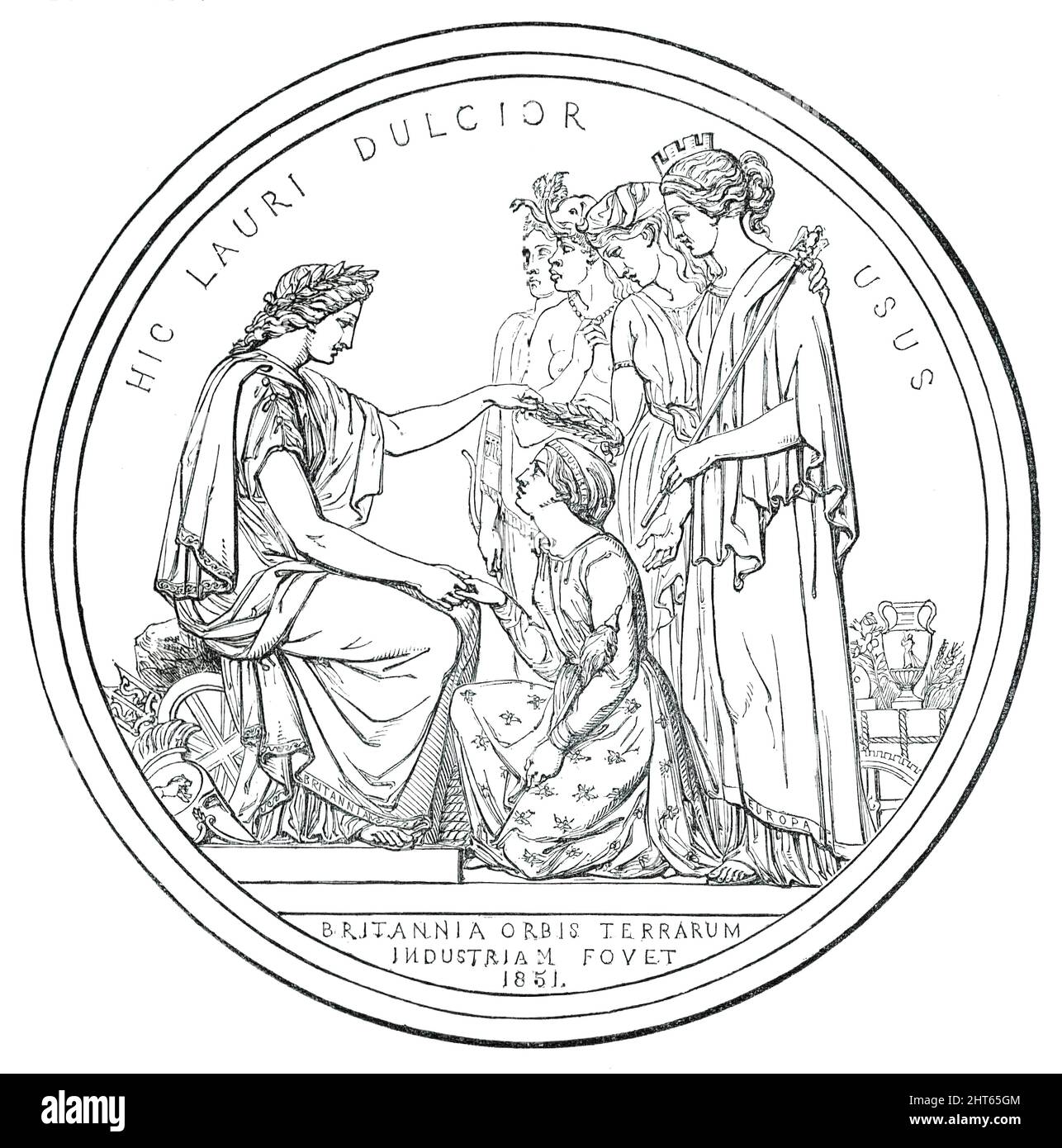 Grande mostra del 1851 - Medaglie a premi (£100 ciascuna) - Leonard C. Wyon, 1850. 'Britannia, seduto, sta mettendo con una mano una corona di alloro sulla testa di una figura emblematica di industria; e la guida avanti con la mano destra. Dietro, ci sono le rappresentazioni dei quattro quarti del mondo, che hanno portato industria in Britannia. A destra sono emblemi delle quattro sezioni: 1. Il cotone-pianta e il grano-guaine; 2. Una ruota; 3. Una balla di merci ; 4. A vase.motto: " Dissociata locis concordandi pace ligavit". Da "Illustrated London News", 1850. Foto Stock