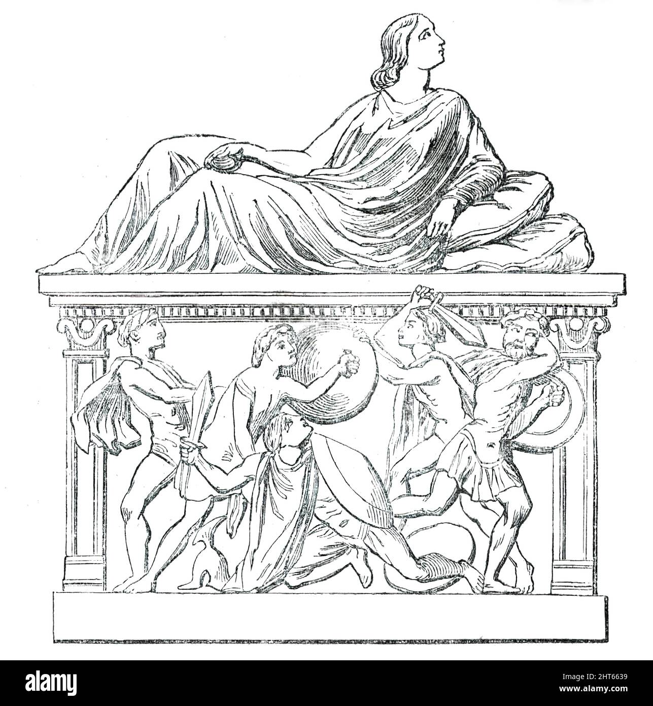 Sarcofago etrusco, presentato al British Museum dal marchese di Northampton, 1850. '...un romanzo che si aggiunge alle antichità classiche del Museo. Si tratta di un piccolo sarcofago etrusco, in terracotta, recentemente presentato dal marchese di Northampton, posto sul lato sud del Grande Saloon Centrale, sotto la colossale testa di Rameses. Il sarcofago è riccamente decorato con colori ed è un contributo molto interessante ai negozi di arte etrusca già posseduti dal Museo." Da "Illustrated London News", 1850. Foto Stock