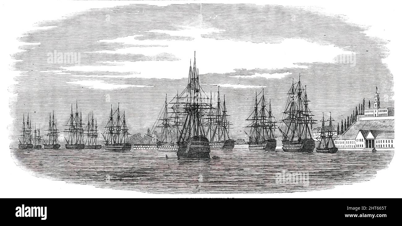 La flotta turca nella baia di Bashika, 1850. "...non dobbiamo avere fantasia che i turchi non abbiano mezzi di distruzione molto migliori adesso di allora. Qualsiasi uomo prudente marcierebbe i suoi uomini e marines con i loro pezzi di campo di fronte alla baia di Bashika, e deciderebbe la questione a terra: Contro un tale attacco non c’è praticamente alcuna disposizione. Una volta su questo canale, e la strada per Costantinopoli è chiara. Le difese della città per impedire che una flotta la raggiunga dal Mar Nero sono molto forti; e se le navi veleggerebbero soltanto giù, si leverebbero in piedi una probabilità di essere affondate. Ma quando la Russia Foto Stock