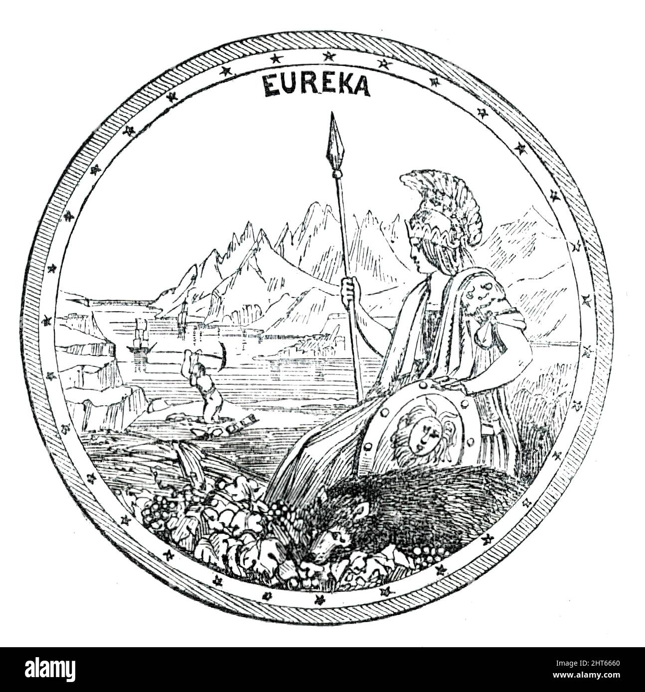 Il Grande Sigillo della California, 1850. "Intorno allo smusso dell'anello sono rappresentate trentuno stelle, essendo il numero degli stati di cui l'Unione consisterà, all'ammissione della California. La figura in primo piano rappresenta la dea Minerva, che è cresciuta a pieno dal cervello di Giove. Viene introdotta come una sorta di nascita politica della California, senza aver attraversato la probazione di un territorio. Ai suoi piedi si accoccola un orso brulicante, nutrendo grappoli da un vitigno, che, con un ciotolo di grano, sono emblematici delle caratteristiche peculiari del paese. R Foto Stock