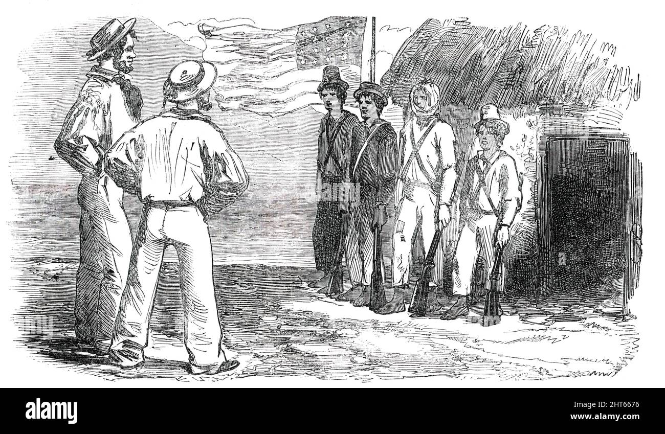 Tigre Island - The United States Garrison, 1850. Disegnate da "un viaggiatore in America Centrale"...in nessun modo un'immagine caricatura della guarnigione degli Stati Uniti sull'isola, con le strisce ufficiali e le stelle che sbatte nella brezza; E i "britishers"' riguardo alla forza con vera delizia...l'isola di Tigre, nel gulfo di Fonseca, [fu] recentemente preso possesso del capitano Paynter, della nave a vapore di sua Maestà Gorgon, e da allora ceduto agli Stati Uniti dal governo dell'Honduras. Questo era un punto formidabile della disputa del Nicaragua, quando la "britishe Foto Stock