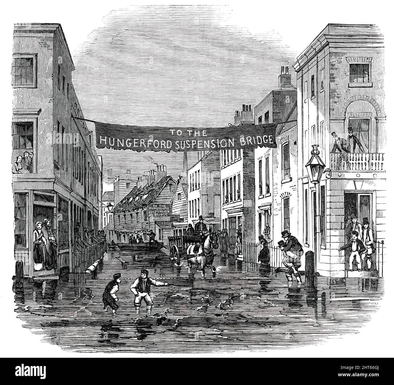 The High Tide - Overflow of the Thames on Tuesday - Vine-Street, York-Road, Lambeth, [Londra], 1850. '...la marea è aumentata in modo straordinario, tanto da traboccare le rive del fiume e inungare le varie vie di comunicazione lungo entrambe le sponde. Così inaspettata è stata l'alta marea, che nessuno aveva fatto alcuna preparazione per preservare la loro proprietà, E la conseguenza fu che si faceva male ad una quantità incalcolabile...le varie banche lungo il fiume presentavano immense lastre d'acqua, legname e altri articoli che venivano forzati con la forza della marea; mentre il piccolo mestiere giace sulla cenere Foto Stock