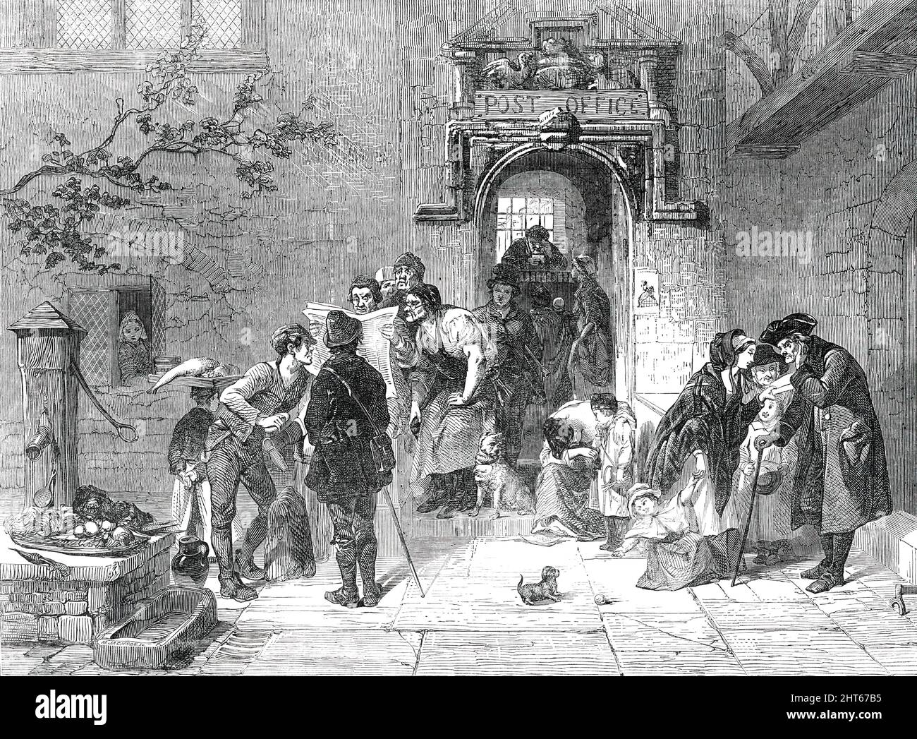 La posta - dipinto da F. Goodall, 1850. Painting in the Exhibition of the British Institution, '...intendeva indicare l'arrivo di una posta indiana con la notizia di una vittoria cara comperata....si tratta di una grande immagine, 4 piedi. 5 poll. di altezza per 5 ft. 10 pollici di larghezza, e rappresenta l'esterno di un ufficio postale di campagna, con un barbiere occupato a leggere i tempi ad alta voce ad un gruppo di ascoltatori ansiosi: Un ragazzo loiter con il suo vassoio di pesce; gli "stivali" di una locanda...cessa di lucidare un paio di stivali di cima; e tutti si riuniscono intorno al barbiere consequenziale... una ragazza graziosa sta leggendo una lettera che ha appena Foto Stock