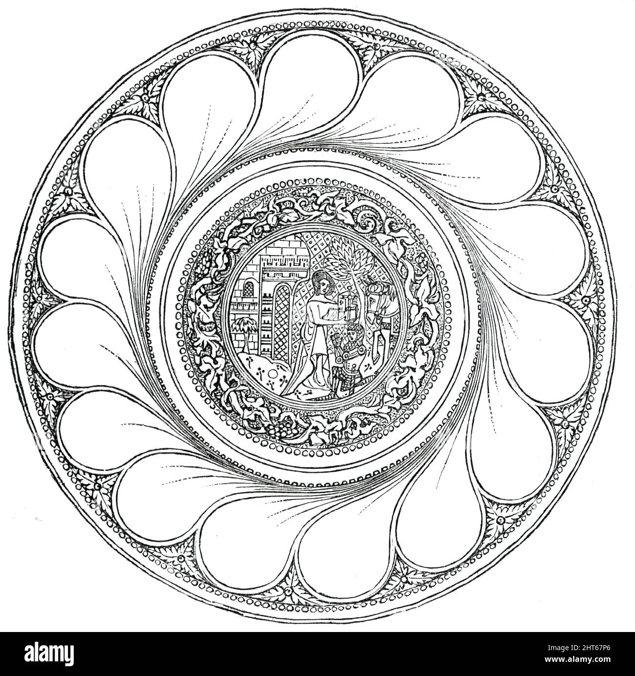 Antico Argento ALMS-Dish, 1850. 'Tra i piatti di comunione della Chiesa di Bermondsey [a Londra] c'è un antico Salver d'Argento, ora utilizzato per la raccolta di elemosine. Si suppone che appartenga all'Abbazia di Bermondsey. Al centro si trova un'incisione di un cavaliere in armatura di piastra, inginocchiato davanti a una femmina, che sta per posizionare un casco sulla testa alla porta di un castello o torre fortificata. Dalla moda dell'armatura e dalla forma del casco, questo curioso esemplare d'arte nel tempo passato è stato assegnato all'età di Edoardo il secondo." Da "Illustrated London News", 1850. Foto Stock