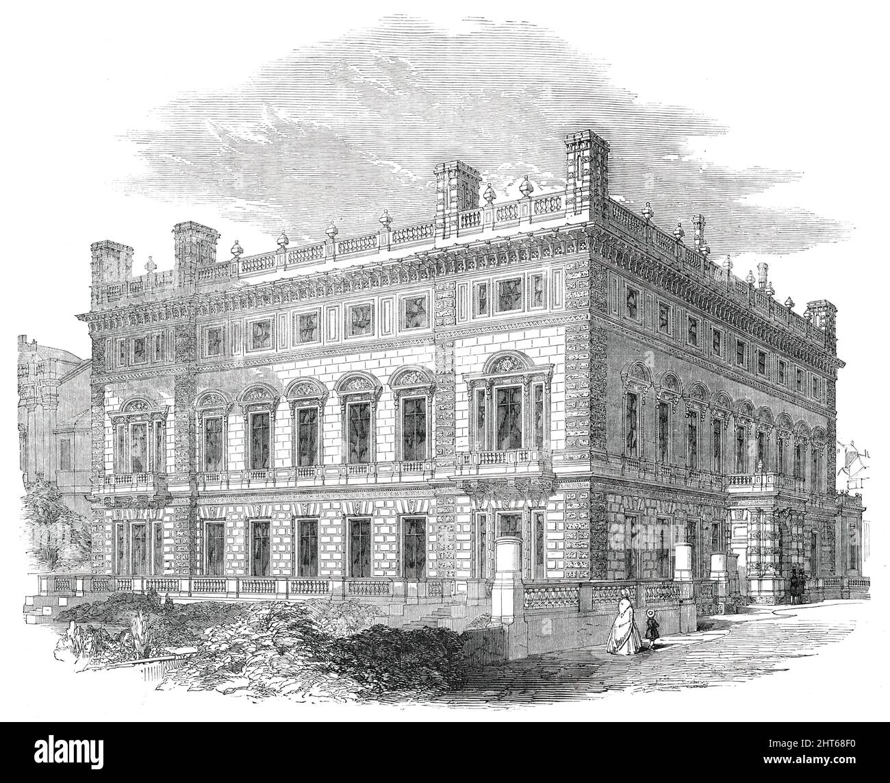 Bridgewater House - architetto, Charles Barry, Esq., R.A., 1850. La Cleveland House di Londra è stata ridisegnata in stile palazzo da Sir Charles Barry. La ricostruzione fu completata e rinominata nel 1854 per Lord Ellesmere, erede del Duca di Bridgewater del 3rd. E' costruito in pietra di Bath. 'Le finestre su tutti i due fronti, al piano principale, hanno frontoni ad arco, riempiti di piccoli scudi con un monogramma di due "E." intrecciato, per "Ellesmere"...il portico d'ingresso...è di bel design, con colonne raggruppate agli angoli. Sopra l'entablature è l'INS Foto Stock