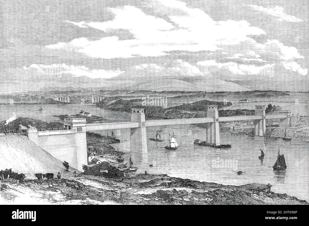 Il Britannia Tubular Bridge attraverso lo stretto di Menai - disegnato dalla Anglesey Shore, [Galles], 1850. «Nulla può eccedere la bellezza descrittiva dell'immagine di Sir Francis Head del paese in cui si trova il Ponte, come lo vedeva da una piattaforma a quindici metri sopra il pinnacolo della Torre Britannia, che si innalza maestosamente al di fuori del mezzo del torrente ad un'altezza di 230 piedi. "La vista era magnifica. Ad est e ad ovest si vedevano scintillanti in grandi masse il Mare d'Irlanda e il canale di San Giorgio, collegati tra loro dallo stretto stretto stretto, il cui percorso argenteo, si snodano Foto Stock