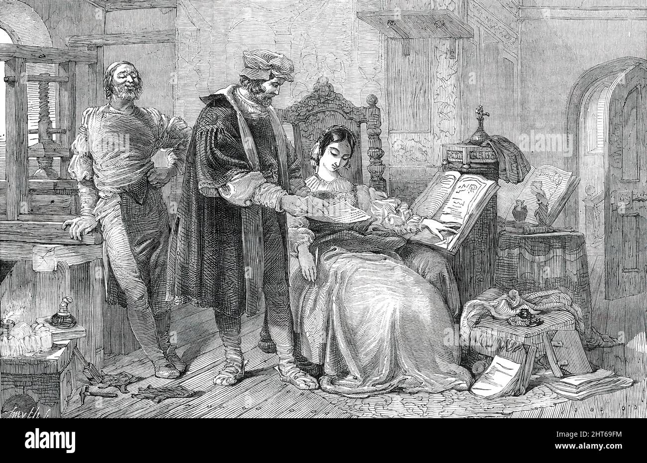 British Institution Exhibition - "The First Impression" - dipinto da H. Selous, 1850. Incisione di un dipinto in una mostra londinese: '...uno dei contributi di Seleous alla collezione, che egli dice, nel catalogo, "la prima impressione", e aggiunge queste parole: "Guttenberg Shewing a sua moglie il suo primo esperimento di stampa da tipi mobili; Si suppone che sia stata la Bibbia, stampata nel 1450-60."...il soggetto è estremamente interessante; eppure questa commemorazione suscita dolorosa riflessione. Guttenberg, sarà ricordata, ha sperimentato il duro f Foto Stock
