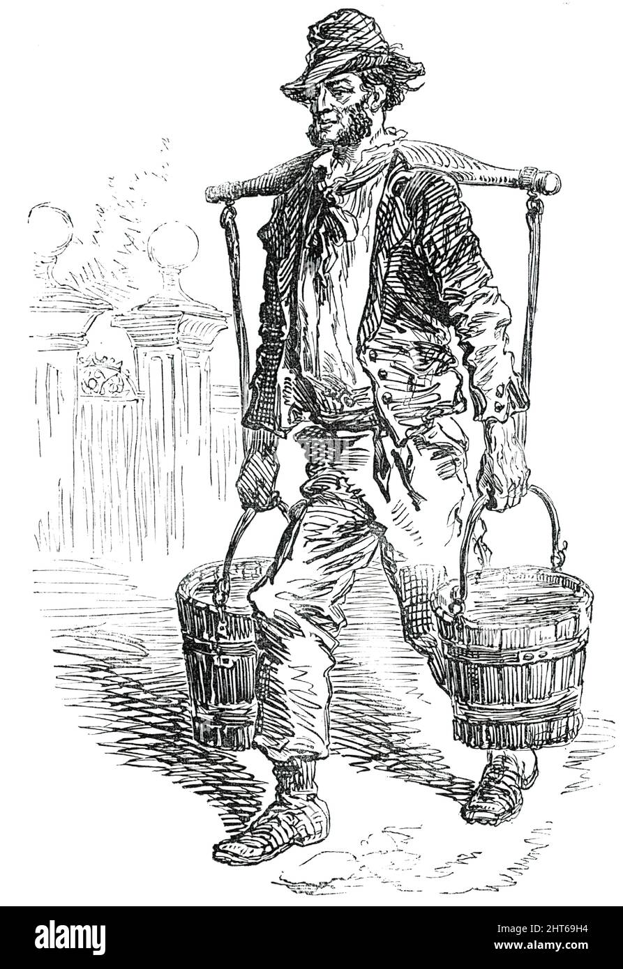 Water-Carrier a Hampstead, [Londra], 1850. 'L'acqua dolce utilizzata per scopi domestici è fornita principalmente da due sorgenti all'estremità opposta ed estrema della città, quella che si trova all'estremità nord, e l'altra...è in un luogo chiamato "il condotto", nei campi sul lato sud di Hampstead. In questo luogo...un certo numero di uomini può essere visto occupato a tutte le ore del giorno...riempiendo le loro vele, che trasportano con l'aiuto di gioghi, e vendono agli abitanti al tasso di tre-metà pence o twopence un "giro", secondo la distanza, il "giro" essendo due vele Foto Stock