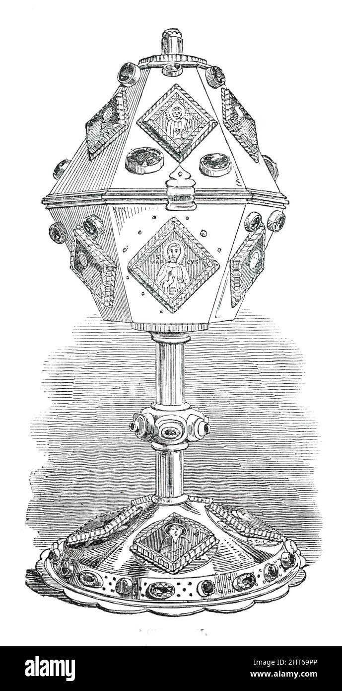 Ciborio, 1850. Voce di una Mostra d'Arte Antica e medievale di Londra: "...pice o ciborio, il vaso in cui è stata conservata la cialda consacrata...ha piccoli smalti, su vetro e pezzi di niello, di Cristo e degli Apostoli che la circondano, opera del XIV secolo; ma è discutibile se l'ornamento attualmente sormontando non abbia sostituito uno di una data anteriore e più adatto nel carattere. E 'di proprietà dell'on. Robert Curzon, jun'. Da "Illustrated London News", 1850. Foto Stock