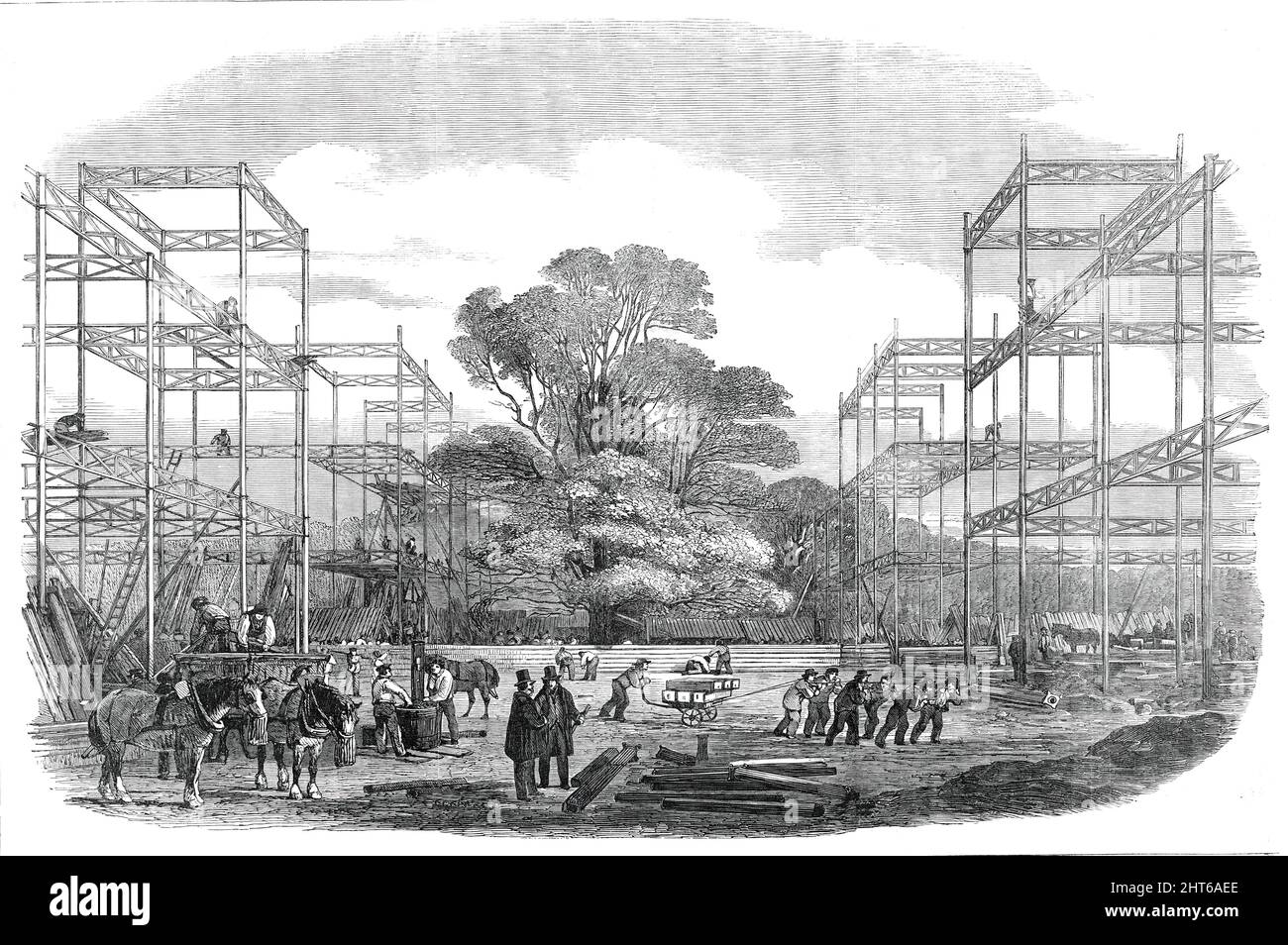 L'edificio di Hyde Park per la Grande esposizione del 1851 - il transetto - (guardando a nord), 1850. Vista di '...gli alberi maestosi per la cui protezione speciale il transetto è stato aggiunto al disegno originale del sig. Paxton. Questo transetto sarà coperto per mezzo di dodici massicce costolette semicircolari di legno...ci sarà uno spazio libero sopra gli alberi di circa 18 piedi 6 pollici. Ciascuna di queste costole è composta da sei sezioni di legno, tre sono disposte orizzontalmente in sezione (a molleggio), e tre verticalmente, la profondità intera è 17 pollici, e la larghezza 8 pollici. Da "Illustrated London New Foto Stock