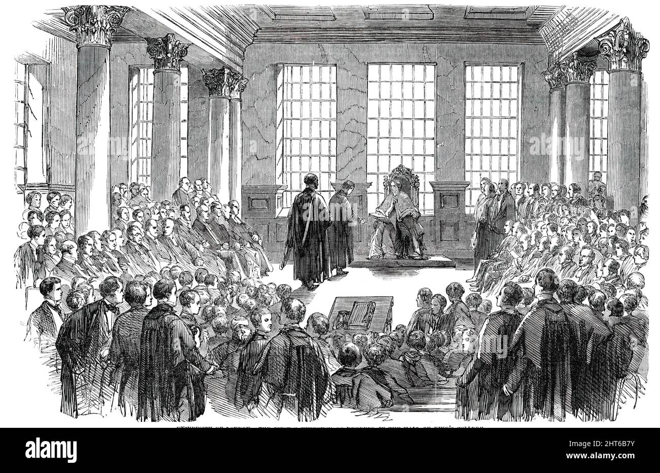 Università di Londra - la prima Conferenza dei gradi, nella Hall of King's College, 1850. Presentazione dei gradi a Londra: '...la prima volta che la cerimonia è stata eseguita in pubblico. L'on. Di destra il conte di Burlington, Cancelliere dell'Università, ha presieduto... durante l'anno scorso, 167 signori erano stati ammessi alla maturazione, di cui 11 si erano distinti quando sotto esame per onorificenze in matematica e filosofia naturale, e si era ottenuta una mostra; e quattro si erano distinti in classici, uno dei quali aveva ottenuto una mostra. 25 signori avevano Foto Stock