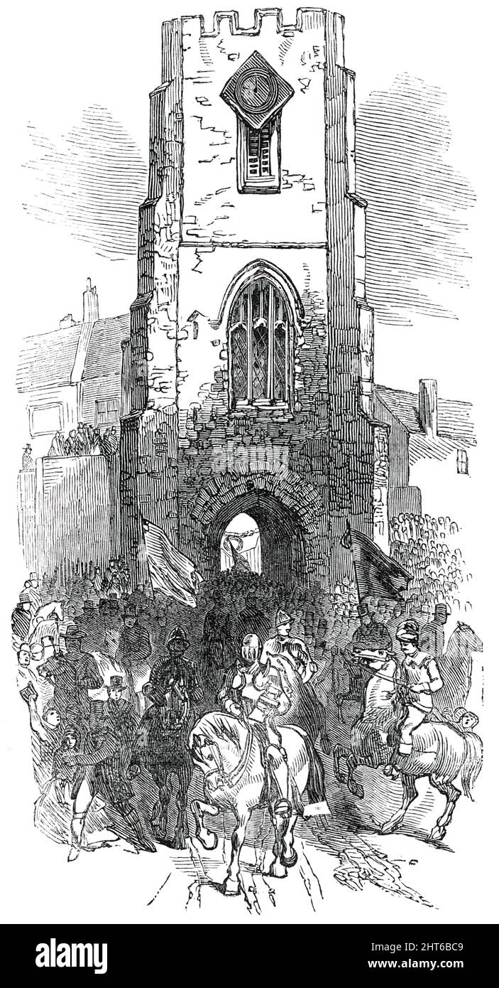 La processione che passa l'ospedale, Warwick May Fair Show, 1850. Pageant tenuto nella città di Warwick. 'La vista di questo cortigiano brillante che passa lungo alcune delle strade ad arco e festose ha presentato uno spettacolo di grande spirito e bellezza, e molto suggestivo della cortigiosa pageantry del tempo antico. Il Warwickshire Yeomanry Cavalry, essendo fuori in una settimana di dovere all'epoca, ha aggiunto molto all'ambiente dell'occasione". Da "Illustrated London News", 1850. Foto Stock