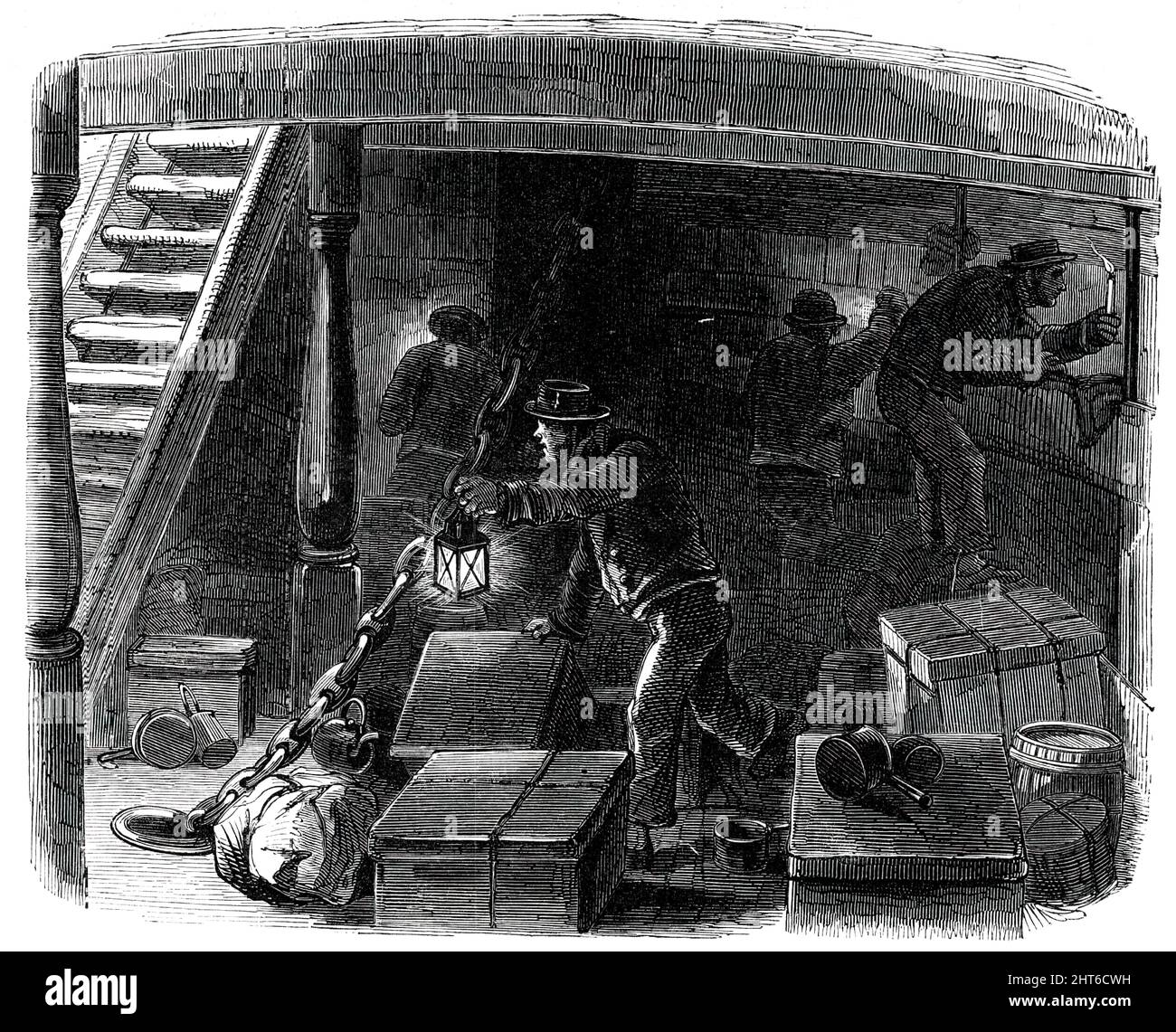 Ricerca di stivaggi, 1850. Marinai in cerca di stivali su una nave britannica che parte per le colonie: Stati Uniti, Canada, Sud Africa, Australia o Nuova Zelanda. Sono '...a volte portati a bordo nascosti in tronchi o cassettoni, con buchi d'aria per prevenire il soffocamento. A volte sono portati in barili, imballati fino ai loro chins in sale, o biscotti... al pericolo imminente della loro vita. In altri momenti si coglieranno la possibilità di nascondersi sulla nave, sotto la biancheria da letto, in mezzo al bagaglio confuso degli altri passeggeri, e in tutti i tipi di angoli bui e di angoli tra i ponti. Quindi, Foto Stock