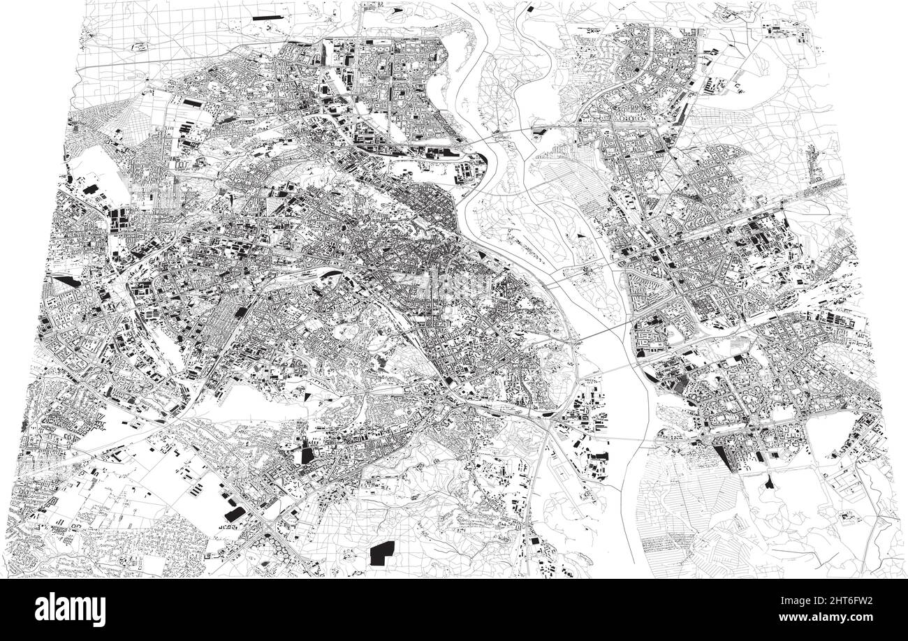 Mappa della capitale dell'Ucraina, Kiev. Edifici e centro città. Vista aerea. Strade e vie di comunicazione. 3d rendering. Punti di accesso alla città. Illustrazione Vettoriale