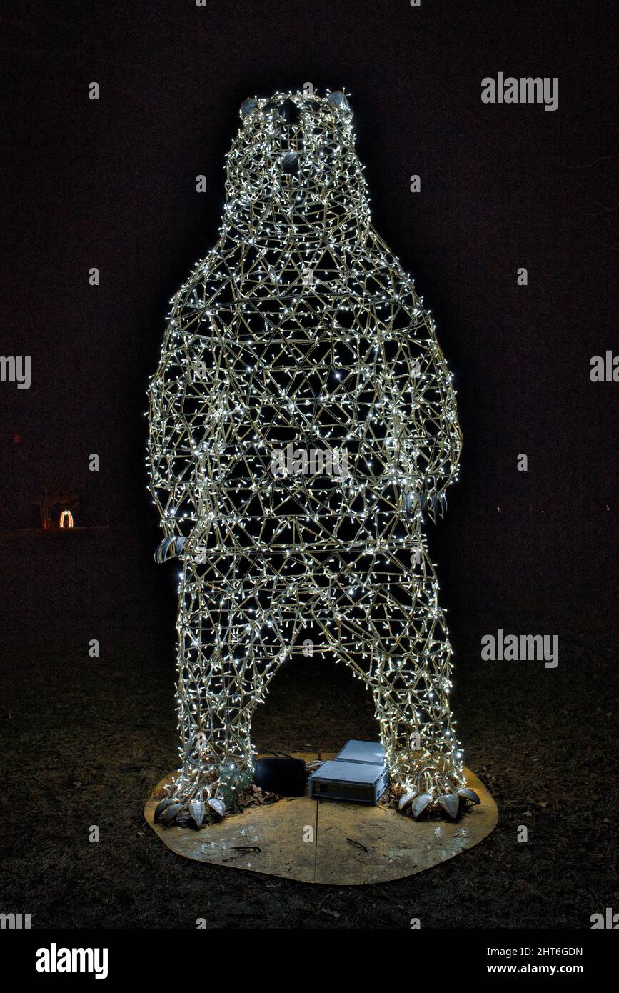 Bella figura magica orso notte con molte luci a LED che illuminano nel giardino all'aperto Foto Stock