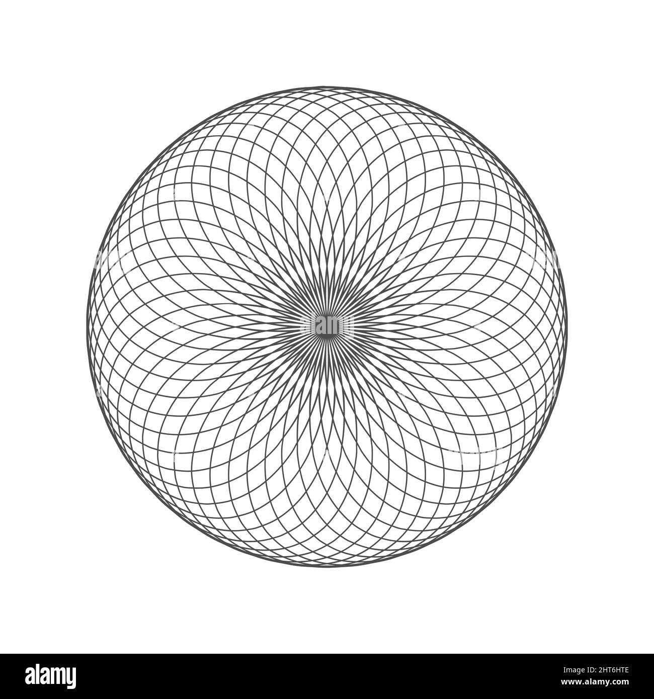 Spirografia su sfondo bianco. Cerchio wireframe astratto. Geometria sacra. Motivo ornamento di fiore rotondo. Elemento decorativo a rosetta. Vettore Illustrazione Vettoriale