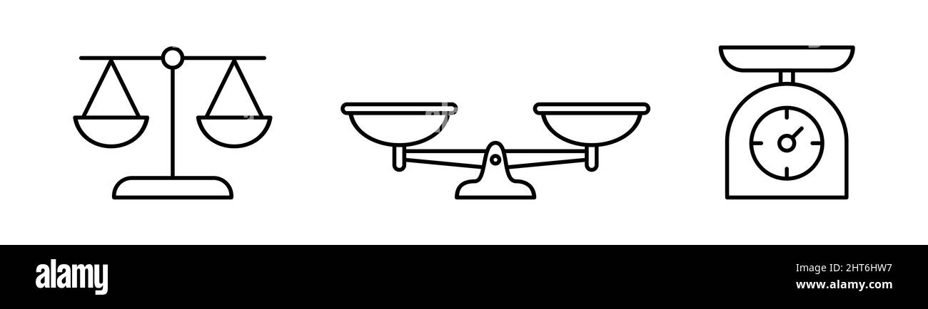 Icona della linea delle scale meccaniche. Set di strumenti per la misurazione del peso. Libra romana d'epoca. Bilancia. Misura della pressione in cucina. Giustizia e diritto . Vettore Illustrazione Vettoriale