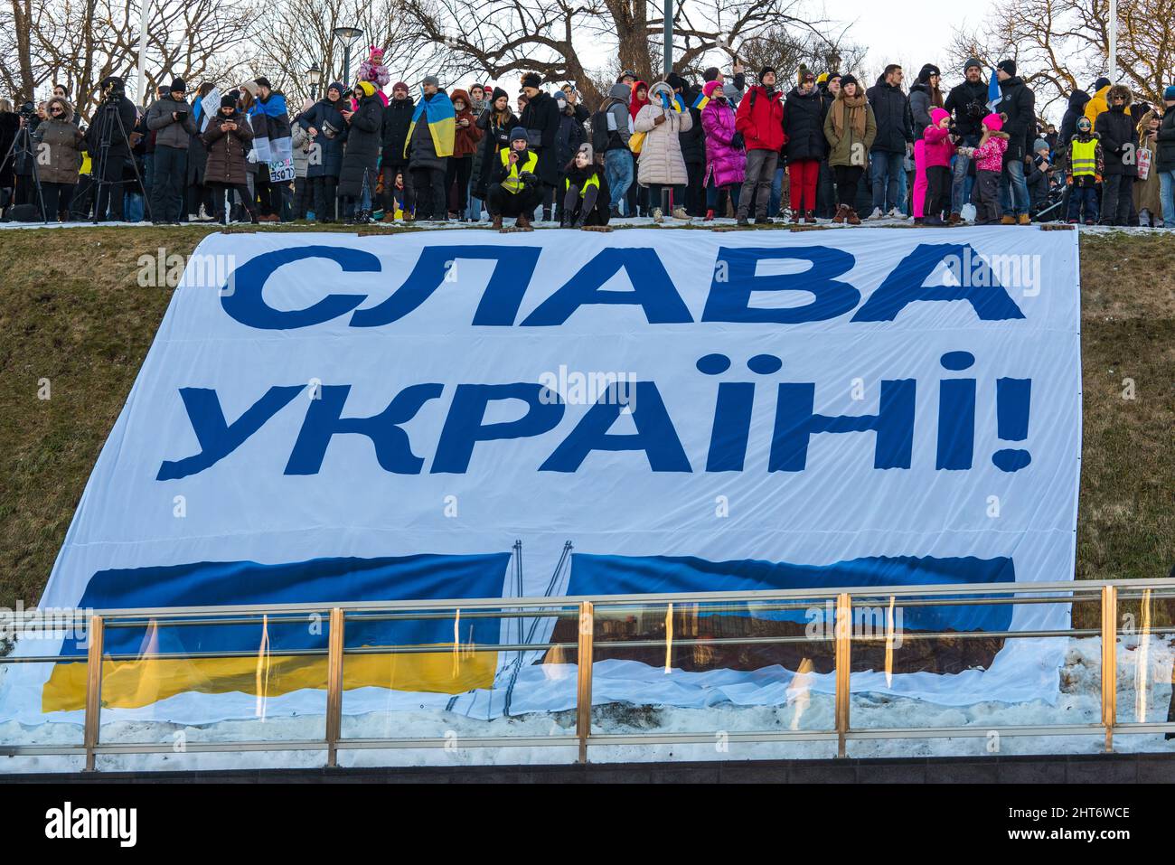 Manifestazione a Piazza della libertà nello Stato NATO Estonia a sostegno dell'Ucraina e contro l'aggressione russa. Grande bandiera su un lato di montagna Foto Stock