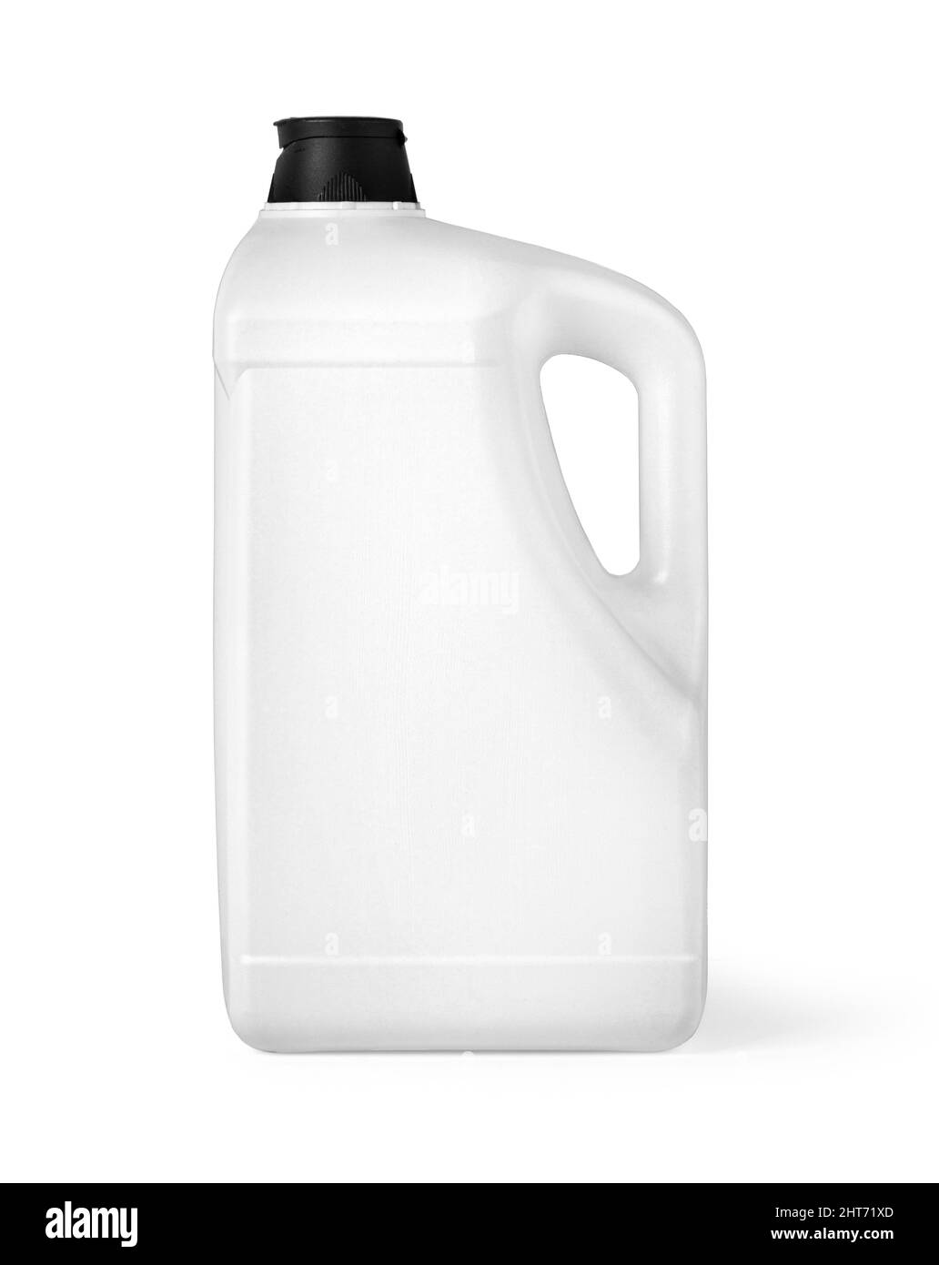 Contenitore bianco in plastica contenitore vuoto Canister con spazio vuoto per il tuo Design su sfondo bianco con percorso di ritaglio Foto Stock