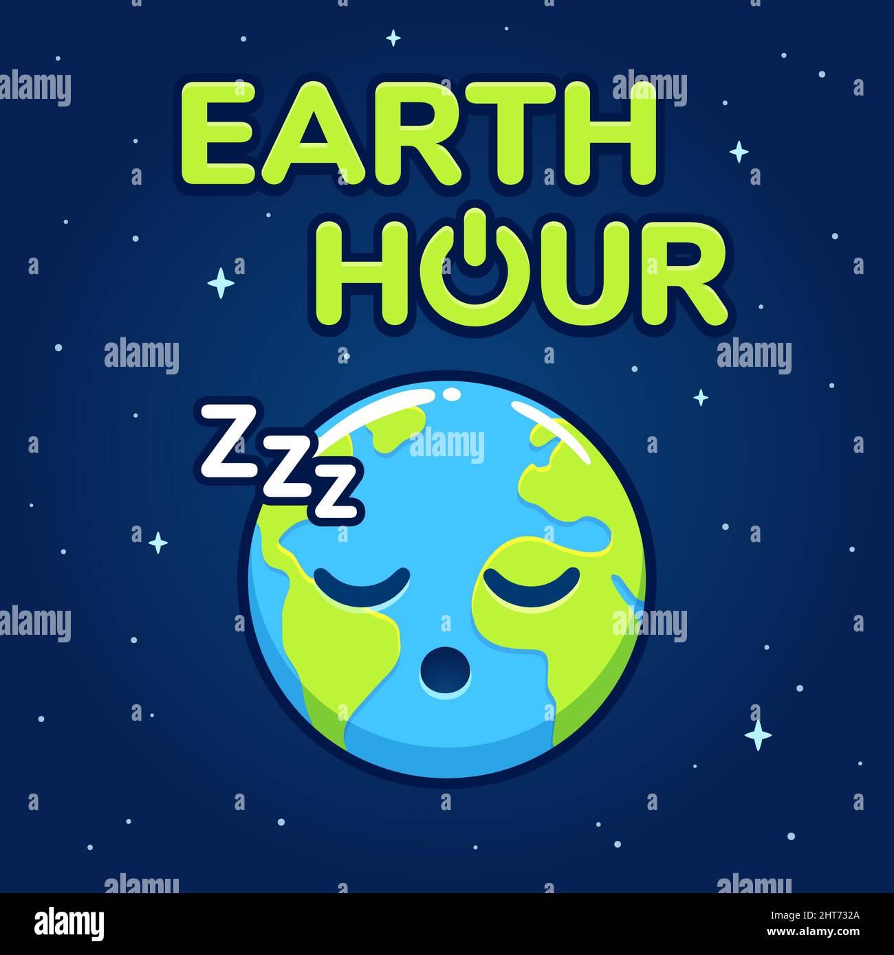 Earth hour banner design con carino cartoon pianeta Terra dormire. Illustrazione grafica della clip vettoriale. Illustrazione Vettoriale