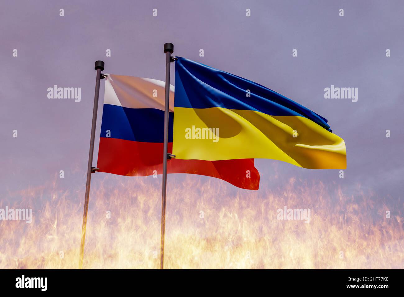 Bandiere di Russia e Ucraina. Concetto di conflitto di guerra. 3D Illustrazione Foto Stock
