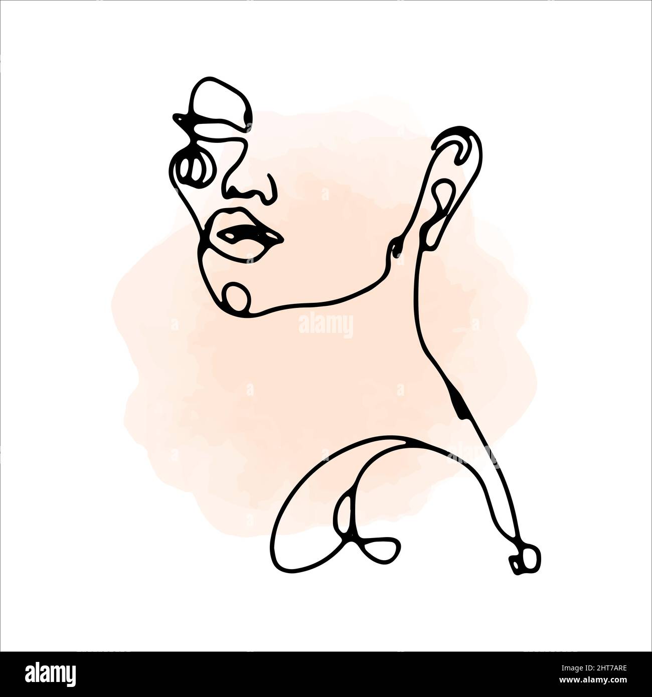 Le donne si affrontano in uno stile artistico a linea unica. Macchie rosa acquerello sullo sfondo. Illustrazione disegnata a mano con vettore. Illustrazione Vettoriale