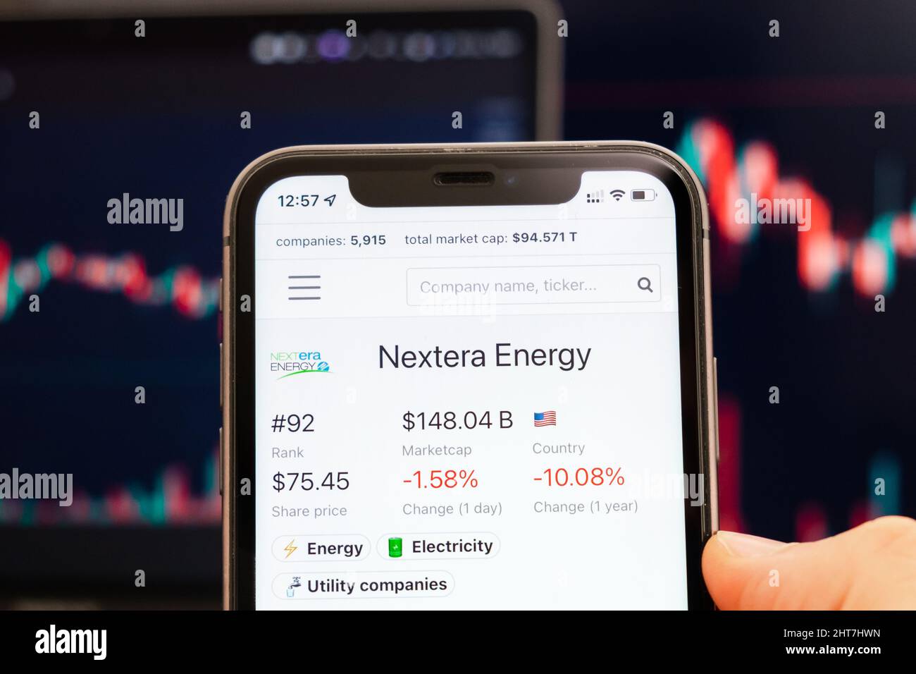 Nextera Energy stock price on the screen of cell phone in mans hand with changing stock market Exchange with trading candlestick graph analysis, febbraio 2022, San Francisco, USA Foto Stock