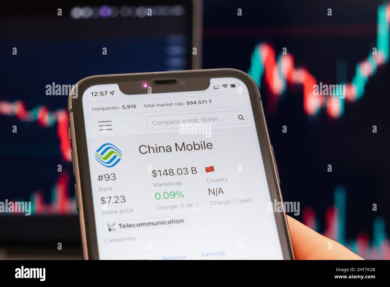 China Mobile stock price sullo schermo del telefono cellulare in mano mans con cambio borsa con trading candlestick grafico analisi, febbraio 2022, San Francisco, USA Foto Stock