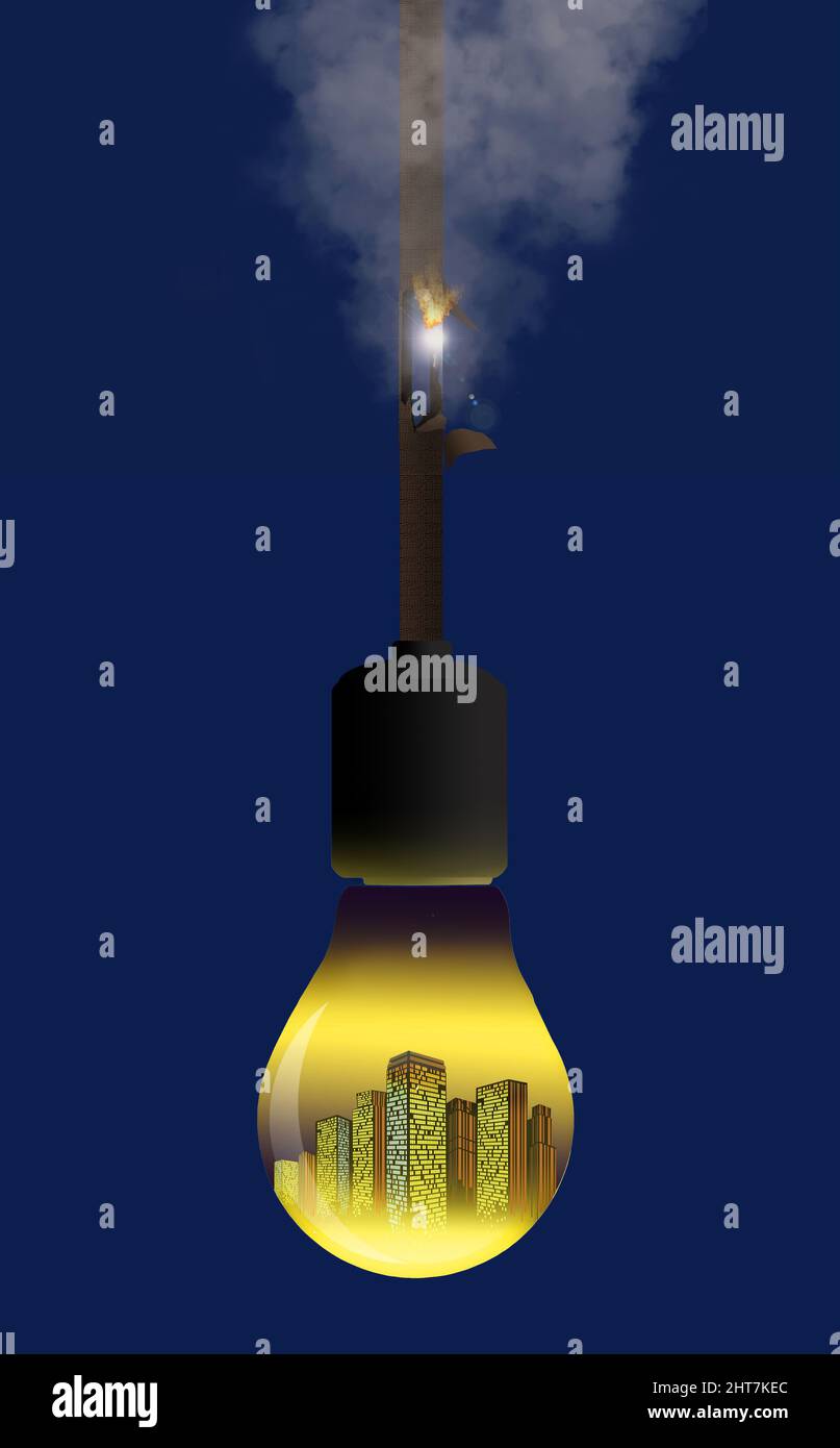 Un cavo a una lampadina con una città all'interno brucia e cortocircuita in un'illustrazione di 3-d circa la rete elettrica. Foto Stock