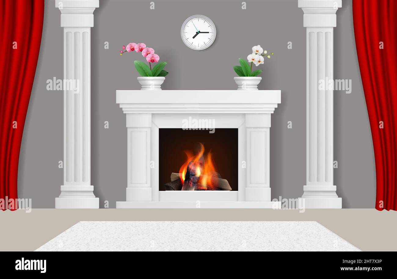 Interno con caminetti. Moderno luogo di casa con caminetti decorativi decent vettore realistico modello di sfondo Illustrazione Vettoriale
