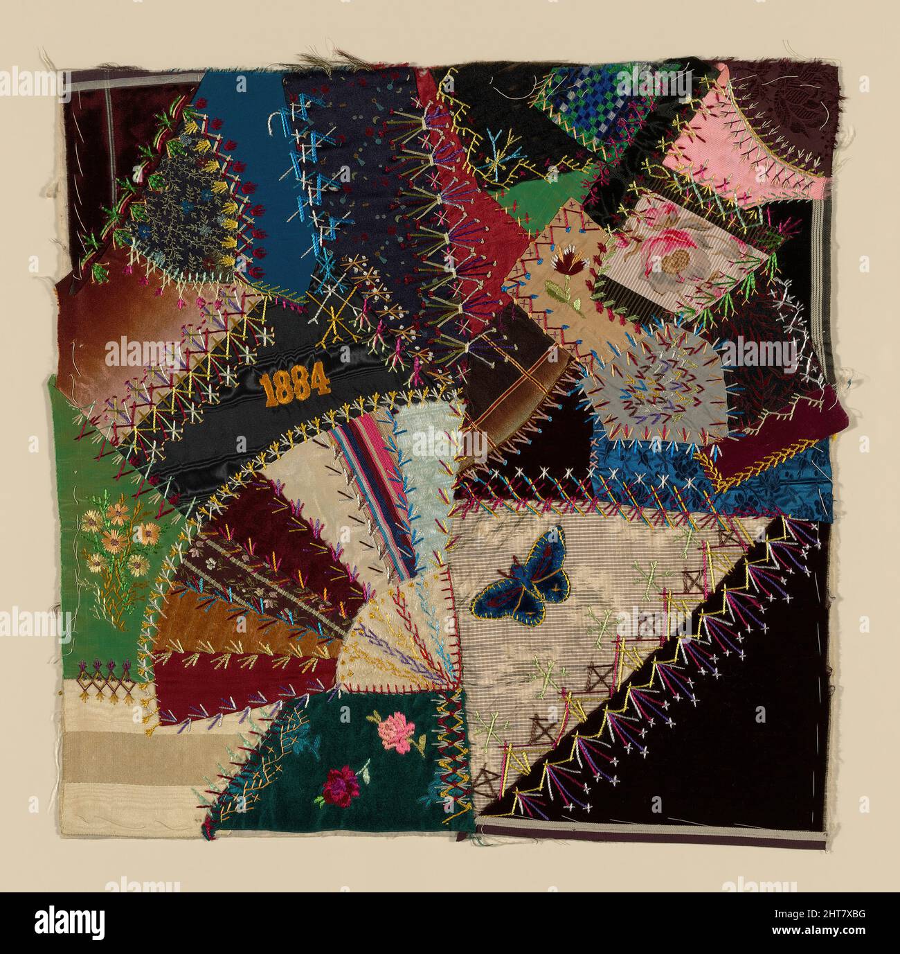 Frammento da cover (Crazy Quilt Block), Stati Uniti, 1884. Foto Stock