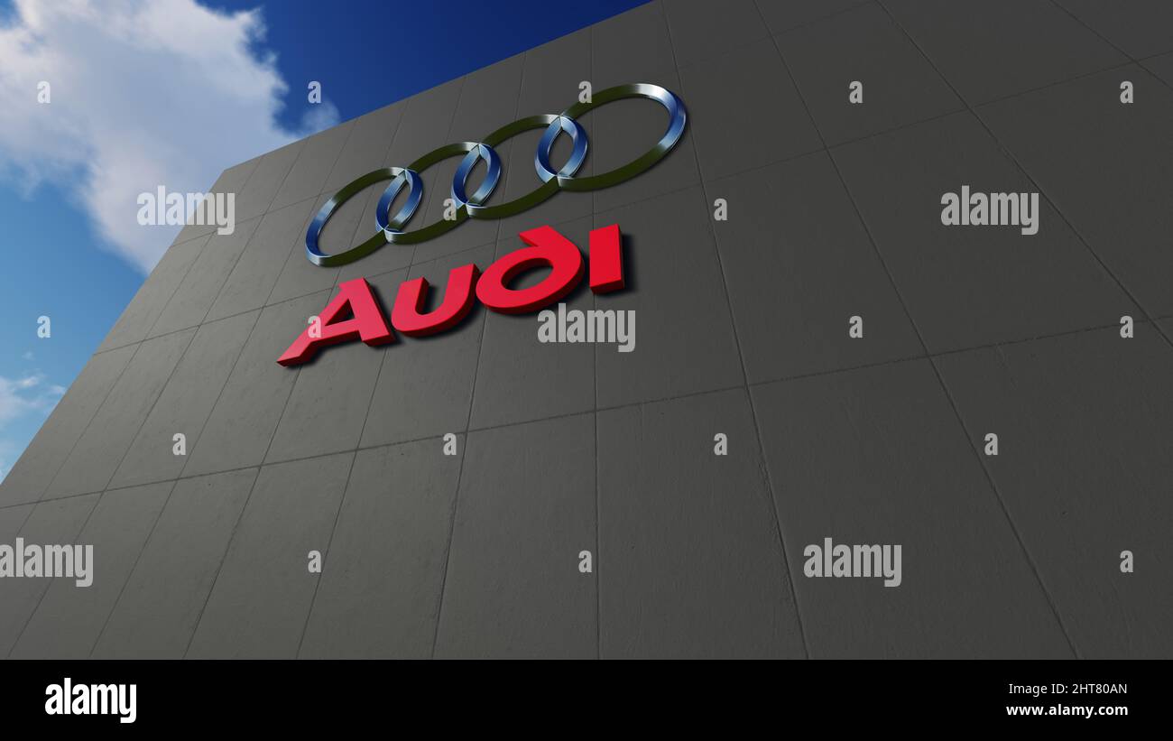 Logo Audi sul muro, solo per uso editoriale, rendering 3D Foto Stock