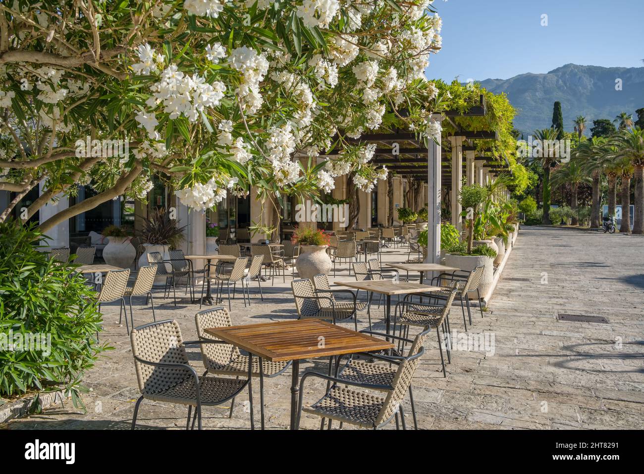 Un accogliente caffè all'aperto nella città vecchia di Budva, nelle giornate di sole del Montenegro Foto Stock